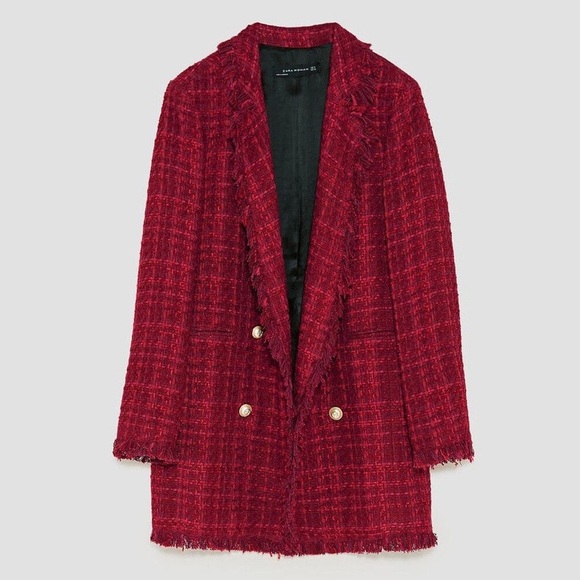 Zara - Frayed Jacket With Embellished Buttons - Red - Picture 4 of 12